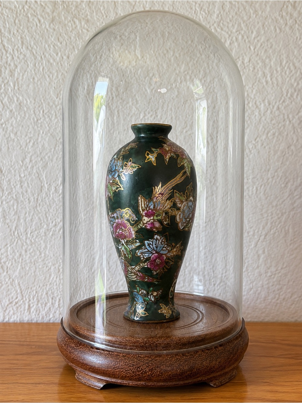 Small Floral Cloisonné Vase - Dark Green with Pink & Blue Accents